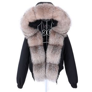 MAOMAOKONG Moda corta da donna Cappotto in vera pelliccia di procione naturale collo grande bomber invernale parka Impermeabile 211220