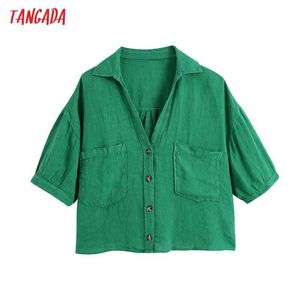 Tangada Frauen Sommer Solide Grün Gestellte Blusen Vintage Kurzarm Button-up Weibliche Shirts Blusas Chic Tops BE796 210609