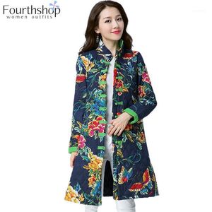 Damenjacken 2021 Winter Frauen Lange und Mäntel Blumenmuster Mode Stehkragen Gepolsterter Mantel Chinesischer Windjacke Plus Größe