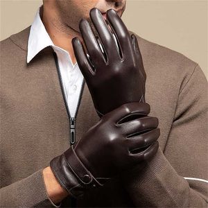 Wholesale black leather gloves for men resale online - Autumn Men Business Sheepskin Leather Gloves Winter Full Finger Touch Screen Black Riding Motorcycle NR196