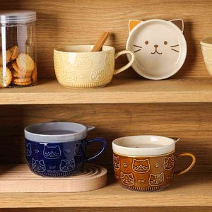 Nieuwe Droping Cat Shape Ceramic Drinking Water Mok Unieke Juice Tea Milk Coffee Cup Ontbijt Fruitsalade Havermout Kom met Lid G1126