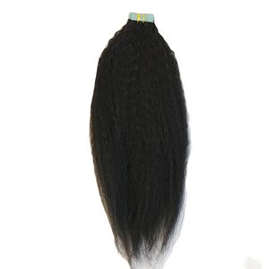 Kinky Straight Tape In Hair Extensions Malaysian Remy Hairs Skin Weft 40pcs Natural Color For Women Can Be Dyed