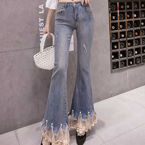 Spring Embroidery Patchwork Jeans Pants Flowers Laces Elegant Female Wide Legs Flare High Waist Ladies Long Trousers 210531