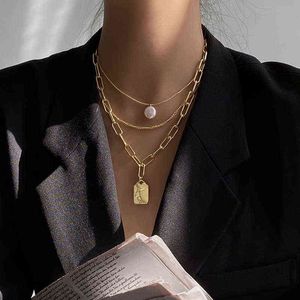 Flashbuy guldfärg abstrakt ansikte hängsmycke halsband för kvinnor multilayer metall kedja pearl chokers halsband Populära smycken h1125