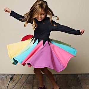 Tjejklänningar Tjejer Klänning Höst Barn Kväll Flicka Kläder Svart Barn Långärmad Princess Splicing Rainbow Teens Clothes