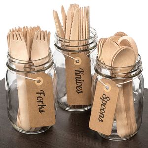 300pcs 유용한 숟가락 포크 나이프 휴대용 일회용 나무 칼 붙이 대나무 flatware 가방 식기 식기 팩 선물 칼 세트