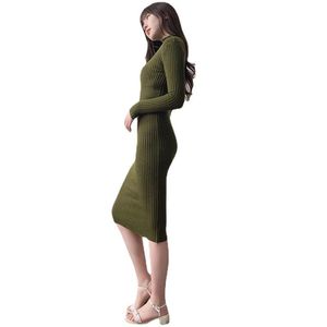 Grüne Pulloverkleider großhandel-Casual Dresses Clearance Herbst und Winter Strickkleid lange schlanke langärmelige elastische Pullover Kleidgrün