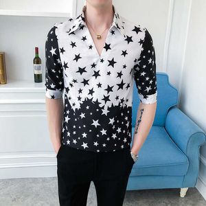 Yıldız Baskı Erkekler Gömlek Yarım Kollu Rahat Slim Fit Gömlek Moda Pollaş Streetwear Sosyal Bluz Gece Kulübü Parti Giyim 210527