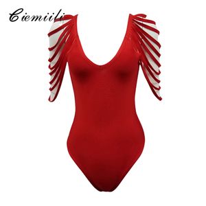 Ciemiili 새로운 섹시한 패션 술 솔리드 바디 콘 스키니 V 넥 중공 여성 나이트 클럽 붕대 연예인 Bodysuit Romper 210303