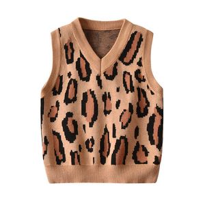 Autumn Winter Warm Pullover Top Leopard Kniited Tank Cute Sweet Gentleman Outfit 2-6T Toddler Kid Baby Girl Boy Sweater Vest Y1024