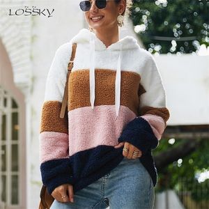 Lossky النساء هوديس البلوز مخطط المرقعة السيدات طويلة الأكمام البلوز أفخم أعلى الخريف الشتاء الإناث الملابس الدافئة 201103