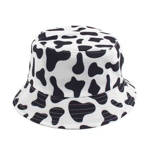 新しいファッション牛プリント帽子ホワイトブラックバケツ帽子リバーシブル漁師キャップ夏の帽子のための夏の帽子Y220303