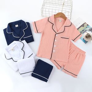 Summer Kids Cotton Linen Pajamas Set Solid Nightwear Short Sleeved Shorts Sleepwear Home Clothes Two-Piece Suit M3372