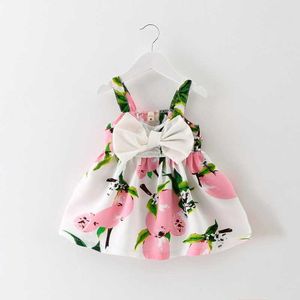 Großhandel Zitronen Baby Kleid Kleid Sommerstil Big Bow Blumenwatte Sunddress Mode Slip Kleidung 0-2y E8028 210610