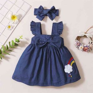 Verão 2 Pcs Bebé Sólido Algodão Arco-íris Arco-íris Flutter-Manga Bowknot Vestido de Primavera Conjuntos 210528