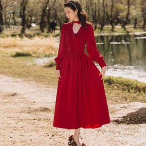 YOSIMI Red Women Dress Elegant Spring Summer Chiffon Mid-calf V-Neck Full Sleeve Fit and Flare Vintage Party 210604