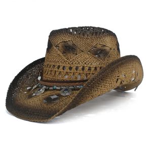 Retro Donna Paglia Hollow Cappello da cowboy occidentale Lady Roll Up Tesa Boemia Nappa Sombrero Hombre Beach Cowgirl Jazz Cappello da sole Q0805