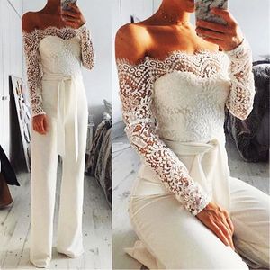 Elegante Branco Jumpsuit De Marfim Vestidos De Prom Lace Mangas Longas Bateu Neck Cant Suits 2021 Mulheres Formal Vestidos de Noite Especial Ocasiões Desgaste