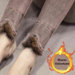 Vintage tvättveteen varma jeans kvinnor vinter hög midja casual stor storlek leggings stretch svart / vit penna denim byxor 211129