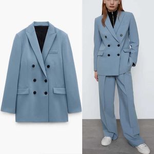 ZA Blue Double Breasted Spring Blazer Women Long Sleeve Office Lady Coat Blazers Woman Chic Flap Pockets Elegant Tops 210602