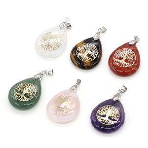 Chakra Reiki Healing semi-precious stone pendant Waterdrop Tree of life Pattern Charms Amulet Crystal Meditation for Men Women Jewelry Making