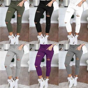 Womens Skinny Slim Rasgado Lápis Calças Jeggings Stretchy Jeans Afligidos Leggings 210629