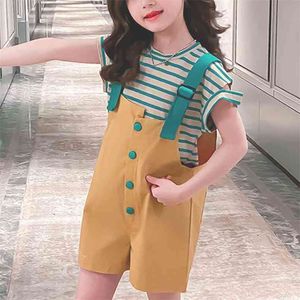 衣料品セット韓国風の縞模様の半袖トップ+短いオーバーオール2ピースの女の子の子供服210528