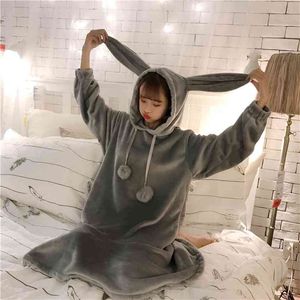 Autumn And Winter Arrival Lovely Style Robe Flange Fluffy Balls Rabbit Ears Decorated Hooded Dress Free 210527