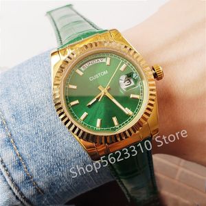 New Fashion Women Automatic Mechanical calendar watch Yellow Gold Bezel Sapphire Gent Watches Green Leather belt Day Date 36mm
