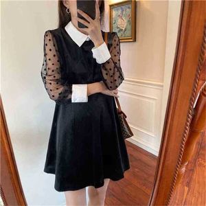 Patchwork Velvet Sweet Sexy High Waist Mesh Vintage Chic Office Lady Women Slim Mini Dresses Vestidos 210525