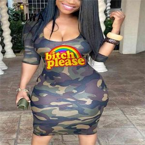 Women Celebrity Fashion Camouflage Rainbow Letter Print Vintage Casual Dress Evening Party Sexy Bodycon Wholesale 3XL 210525