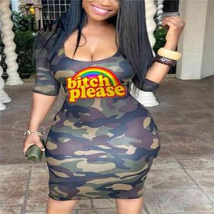 Frauen Promi Mode Camouflage Regenbogen Brief Drucken Vintage Casual Kleid Abend Party Sexy Bodycon Großhandel 3XL 210525