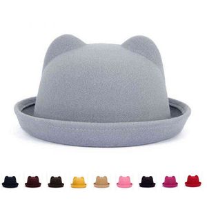 Mode förälder-barn bowler hatt ullfilt Fedora hattar för kvinnor tjejer barn solid katt öra formell cap trilby sombrero derby y1118