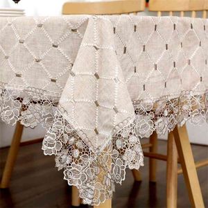 Modern Simple Plaid Tablecloth Pastoral Cotton Linen Dining Lace Dustproof Cover Towel Tea Cloth Runner 210914