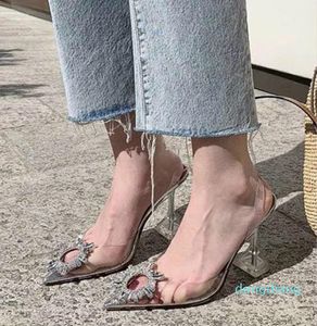 럭셔리 디자이너 높은 뒤꿈치 실버 라인 석 PVC 명확한 투명한 신발 여성 뾰족한 발가락 펌프 신부 웨딩 신발