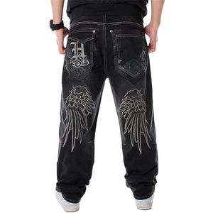 Män Street Dance Hiphop Jeans Fashion Broderi Svart Loose Board Denim Byxor Övergripande Man Rap Hip Hop Plus Storlek 30- 220115