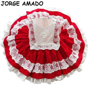 Estilo espanhol Crianças vestidos para meninas lace vermelho mangas princesa saia de bolha de bolha e55 210610