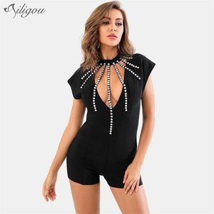 Lüks kadın kısa kollu seksi hollow boncuklu siyah bandaj tulum ünlü moda parti 210525