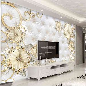 Europeisk stil 3d smycken blomma mjukväska väggmålning lyx vardagsrum soffa TV bakgrund imitation läder mönster tapet väggmålningar 210722
