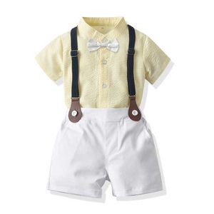 Top och Top Fashion New Toddler Boys Gentleman Clothing Set Striped Short Sleeve Bowtie T-shirts Toppar + Suspenders Shorts Outfits x0802