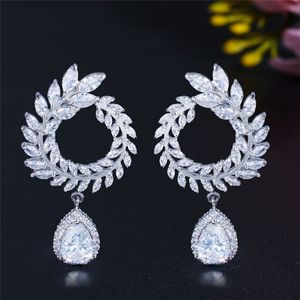 Luxury Charm Leaf designer earring woman Long jewelry AAA Cubic Zirconia Silver Plated South American Water Drop White Copper Diamond Earrings For Women Friend Gift