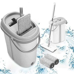 Mocio piatto con secchio Mocio piatto a mano libera con 2 cuscinetti in microfibra per mop Uso bagnato o asciutto per piastrelle in laminato di legno duro 210317