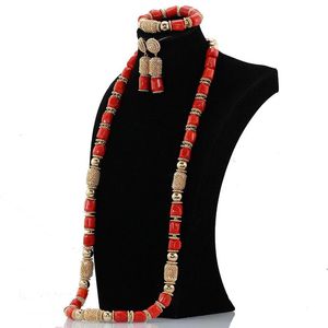 Earrings & Necklace 40 Inches Coral Beads African Jewelry Fashion Set Dubai Gold Beaded Accessory Women Brides Gift CNR170