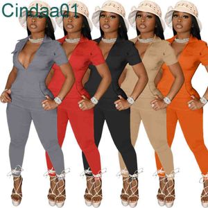 Women jumpsuits deisgner slim sexy Solid Color 4 Pockets Short Sleeve Tee Pants Deep V Neck Zipper Blouse Tight Trousers OnePiece Rompers