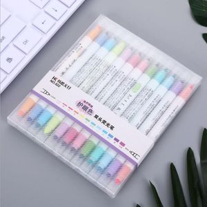 Highlighters Dual Tip Highlighter 12 Kolory Sztuka Kolorowe Marker Pióro Szkic Rysunek Szkolny Zestaw Szczotki Akwarele