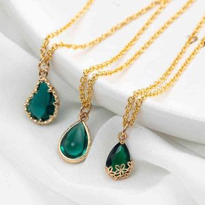 Romantic Sweet Lovely Dark Green Water Drip Drop Clear Stone Pendant Necklaces For Women Female Wedding Jewelry Accessories G1206