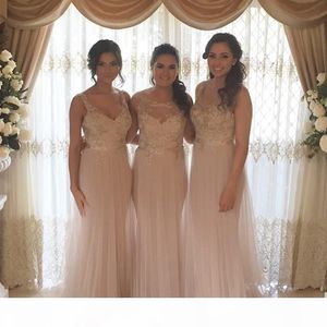 Blush Pink Bridesmaid Dresses Straps Lace Applique Sleeveless Sheer Neck Custom Made Maid Of Honor Gown Plus Size Beach Wedding Vestido 403