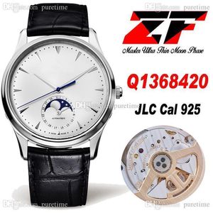 ZF MASTER ULTRA رقيقة مرحلة القمر Q1368420 JLC A925 Automatic Mens Watch 39mm حالة الصلب الأبيض الطلب أسود جلد أسود (صحيحة مونفاسي) سوبر طبعة الساعات puretime b2