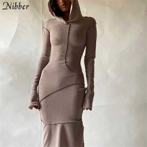 Nibber Frühling Mit Kapuze Langarm Patchwork Maxi Kleider Für Frauen 2021 Streetwear Casual Outfits Basice, Figurbetontes Kleid Weibliche Y0726