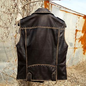 Men's Vests 2021 Vintage Black Motorcycle Style Genuine Leather Coat Men Large Size 3XL Real Natural Sheepskin Spring Slim Fit BRUCE Vest